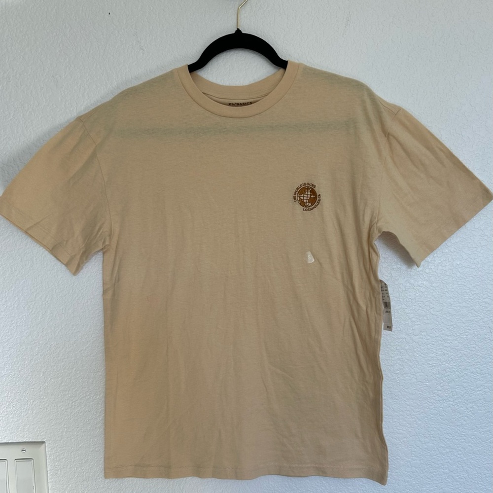 PACSUN Men's Beige Tan Basic Short Sleeve T-Shirt with small embroidered logo